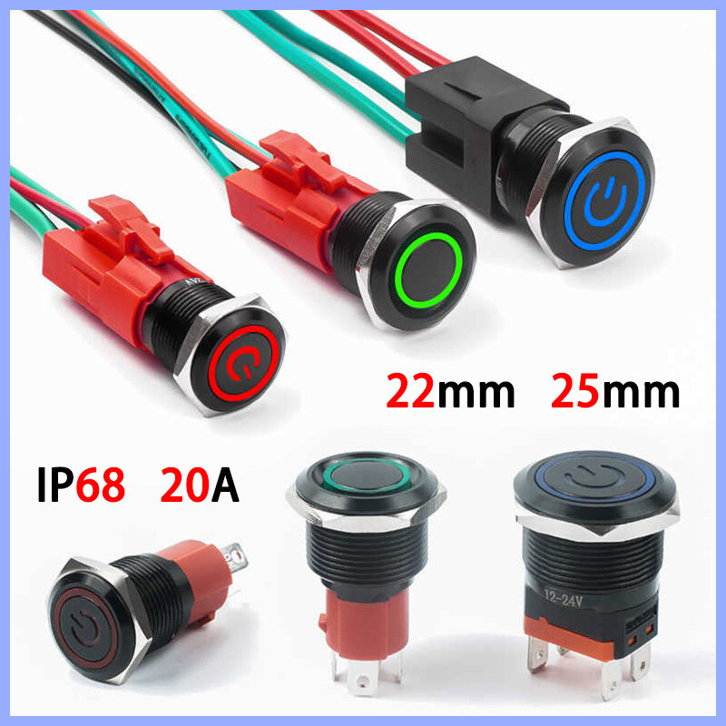 LED Push Button Switch Momentary Latching ON/OFF Waterproof Metal 22mm/25mm 20A