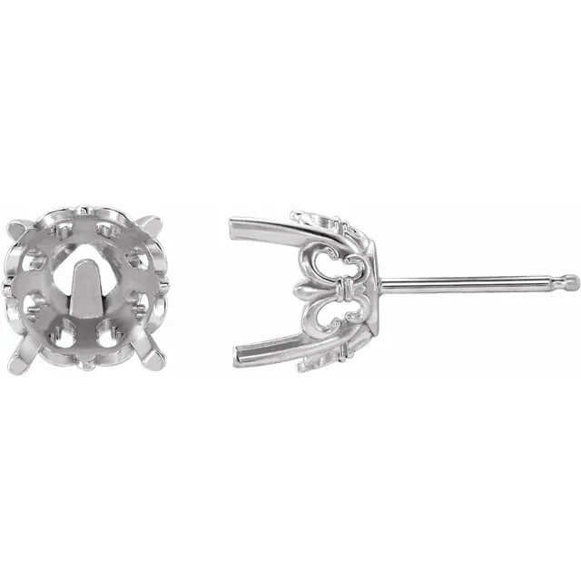 14K Gold Round Round Cut Earring Stud Setting - Fleur-de-lis Style 1 Piece