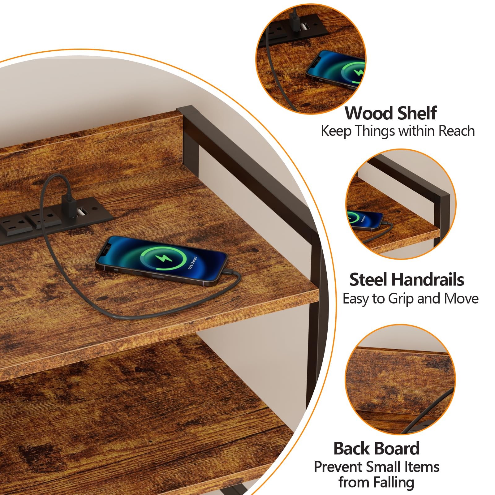4-Drawer Nightstand w/ Charging Station LED - Rustic Brown Bedside Table