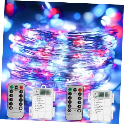 4th of July Decorations Lights, Red White Blue Fairy Red White Blue-2 Pack