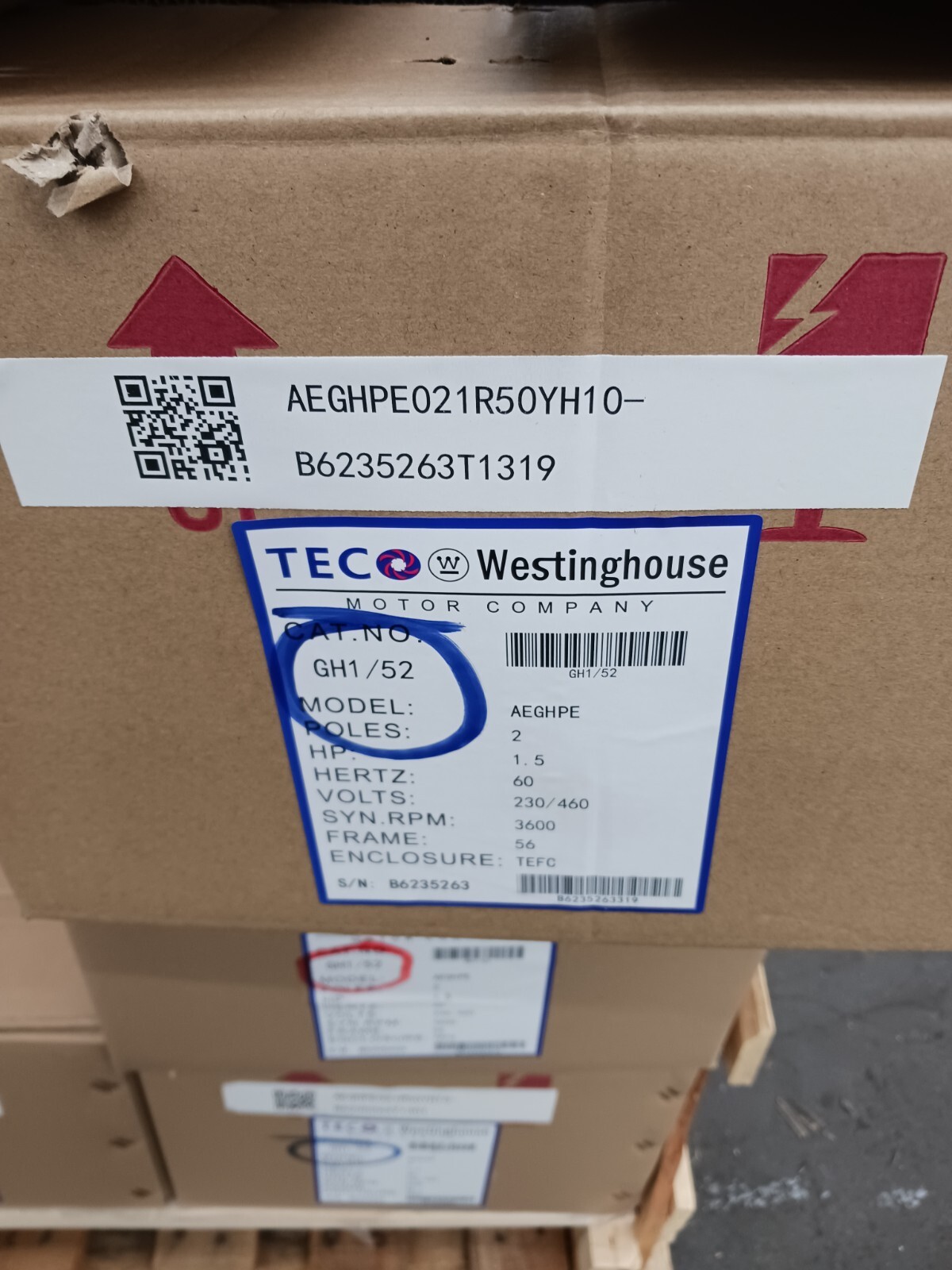 NEW TECO 1..5 HP AC ELECTRIC MOTOR 56 FRAME 230/460 VAC 3600 RPM TEFC GH1/52