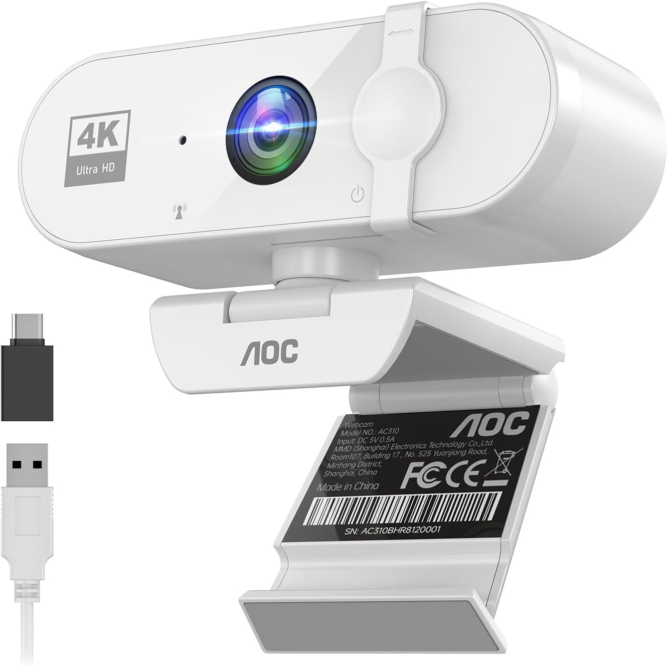 White 4K Webcam for PC with Microphone, Computer Camera with Noise
