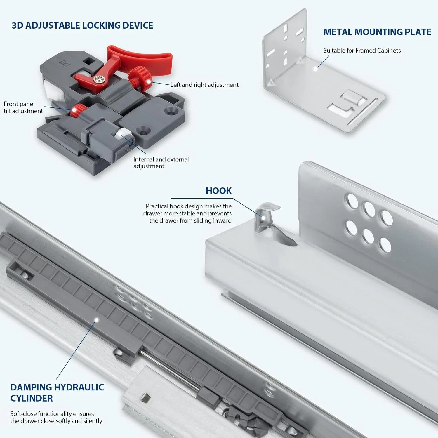 21" Undermount Soft Close Drawer Slides with 3D Locking Devices and Rear Bracket