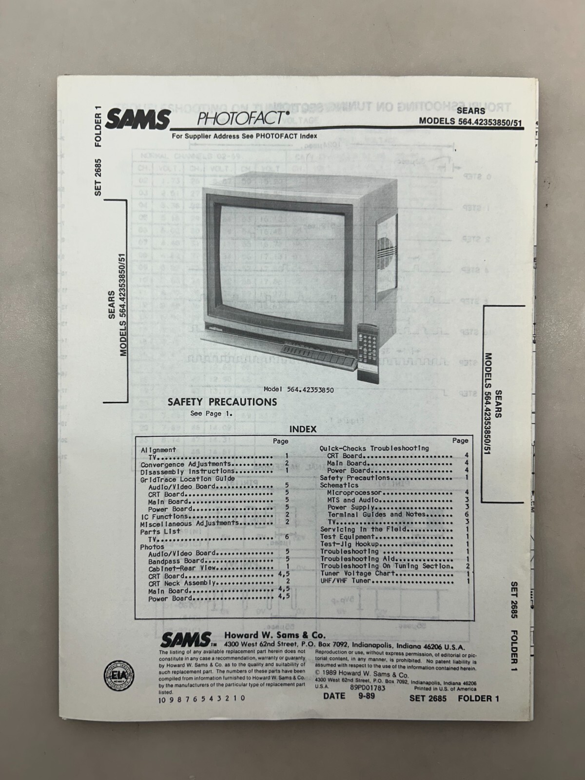 Sears 564.42353850 Service Manual Sams Photofact Free Shipping