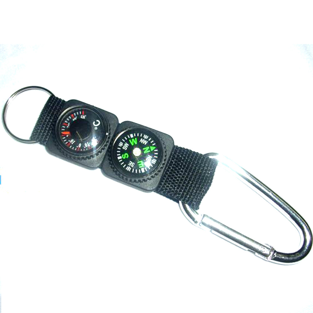 Multifunction Mini Compass Camping Survival Thermometer Carabiner Hook Keychain