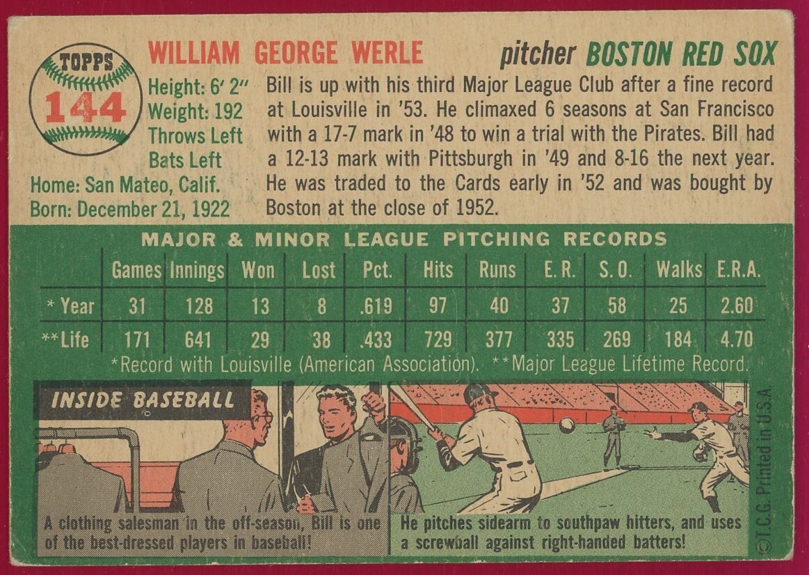 Bill Werle 1954 Topps #144 SIGNED w bold auto - very nice!