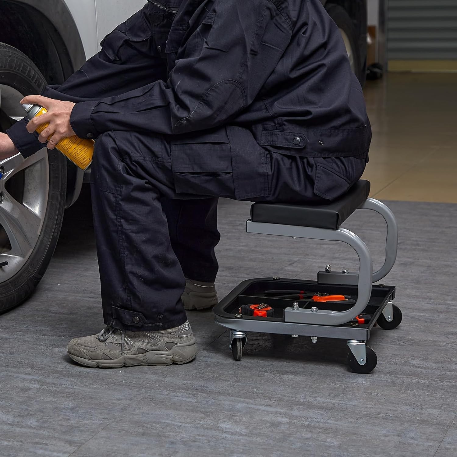 Padded Workshop Stool - 250LBS Rolling Stool with Tool Storage for Mechanics