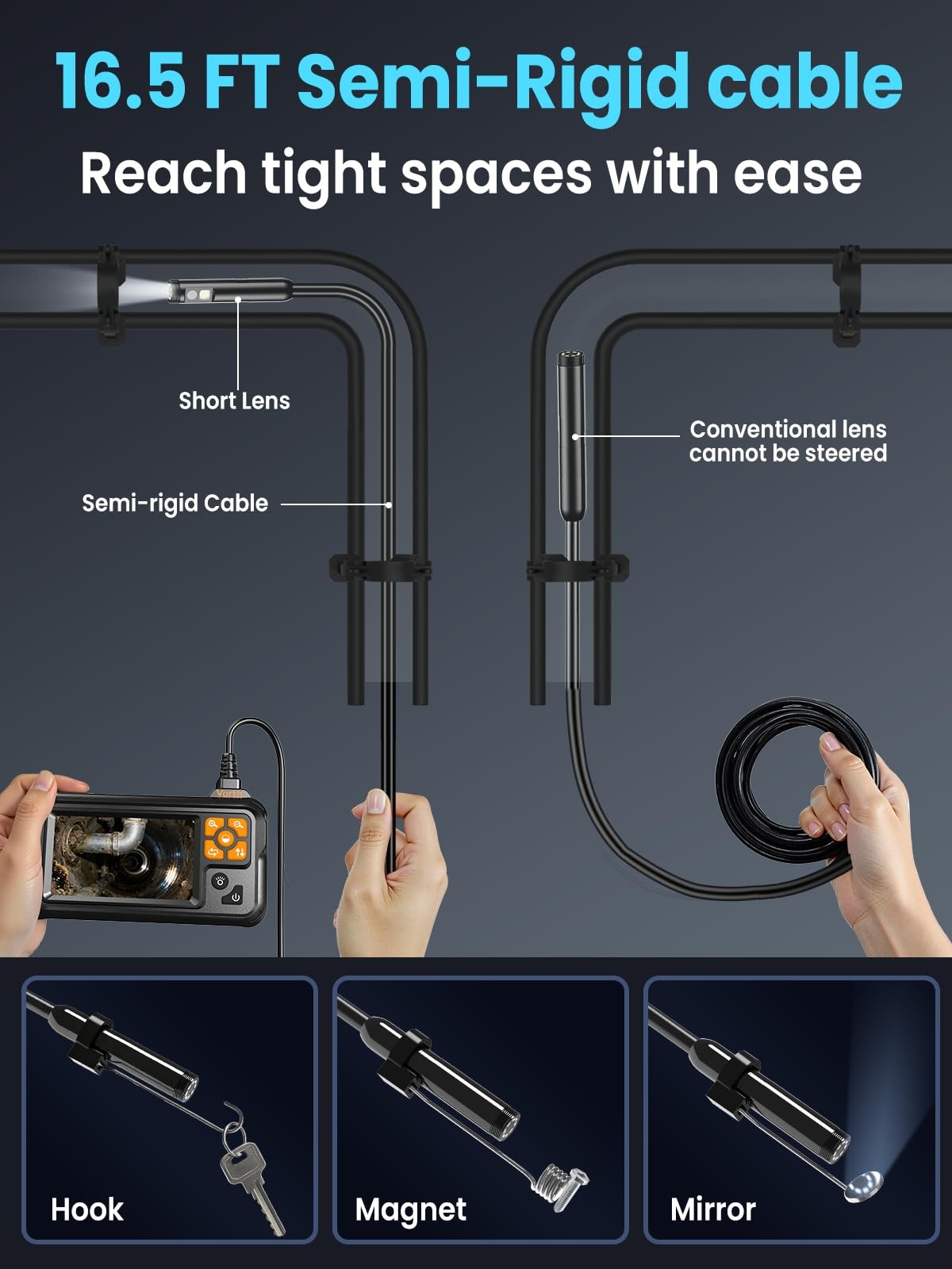 Vorth Endoscope Camera with Light, 4.3" IPS Screen 1080P Tools 16.5FT, black