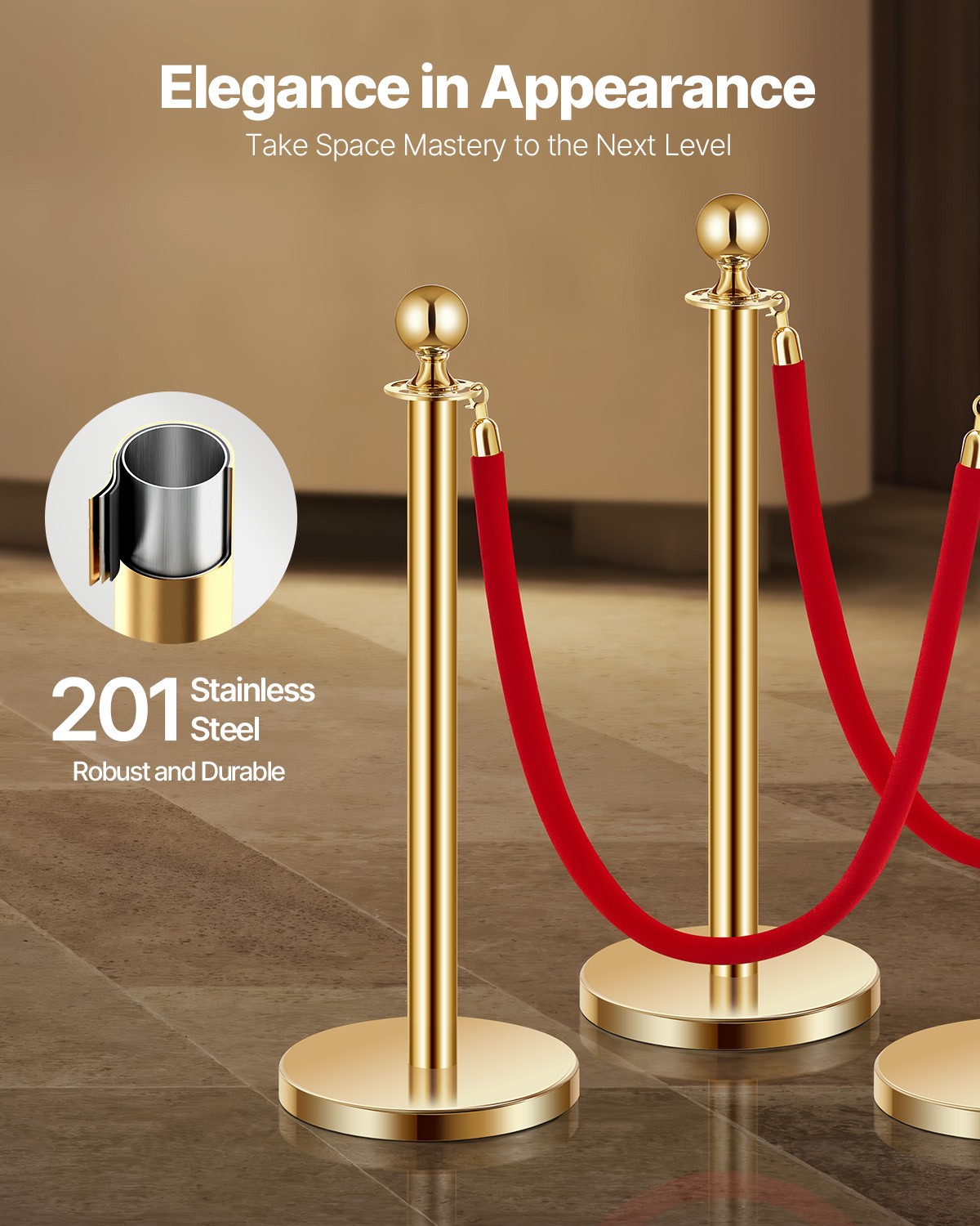 VEVOR 8Pcs Stanchion Post Queue Barrier Crowd Control Sand Injection Base Gold
