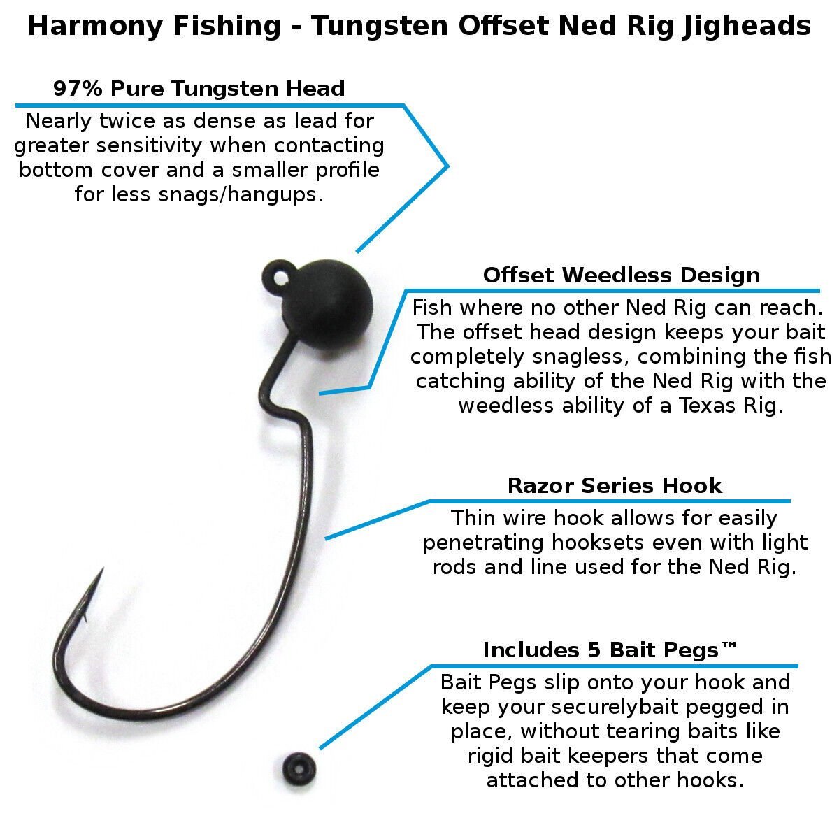 Harmony Fishing - Tungsten Offset Weedless Ned Rig Jigheads (5 Pack)