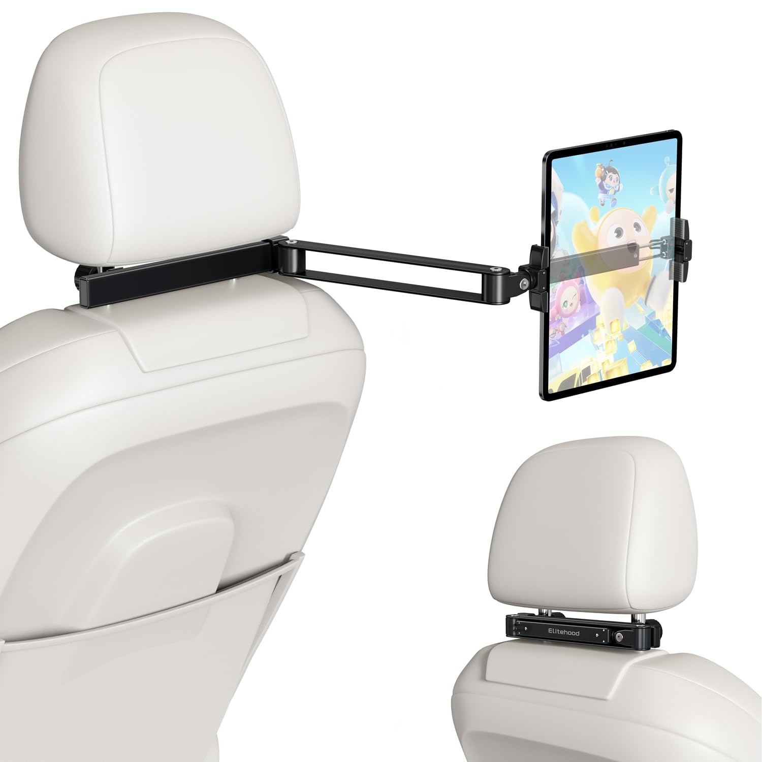 elitehood Headrest Car Tablet Holder - [Long Aluminum Extension Arm] Black