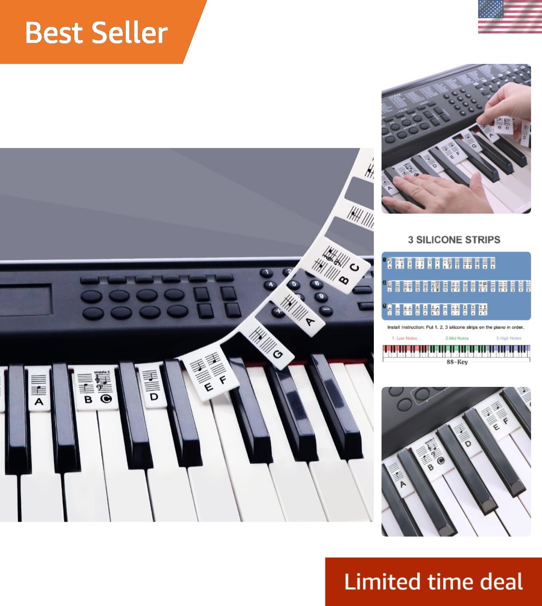 Reusable 88-Key Piano Key Labels - Easy Learning Silicone Stickers for Beginners