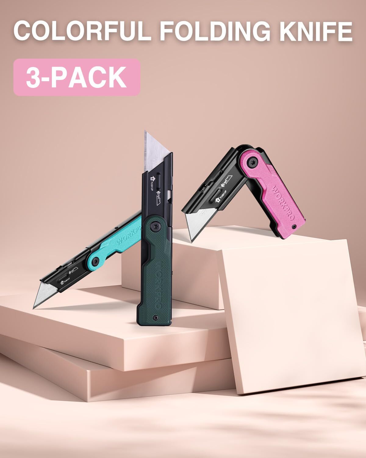 WORKPRO 3-Pack Folding Utility Knife Set 10 Extra Blades Quick-Change Box Cutter