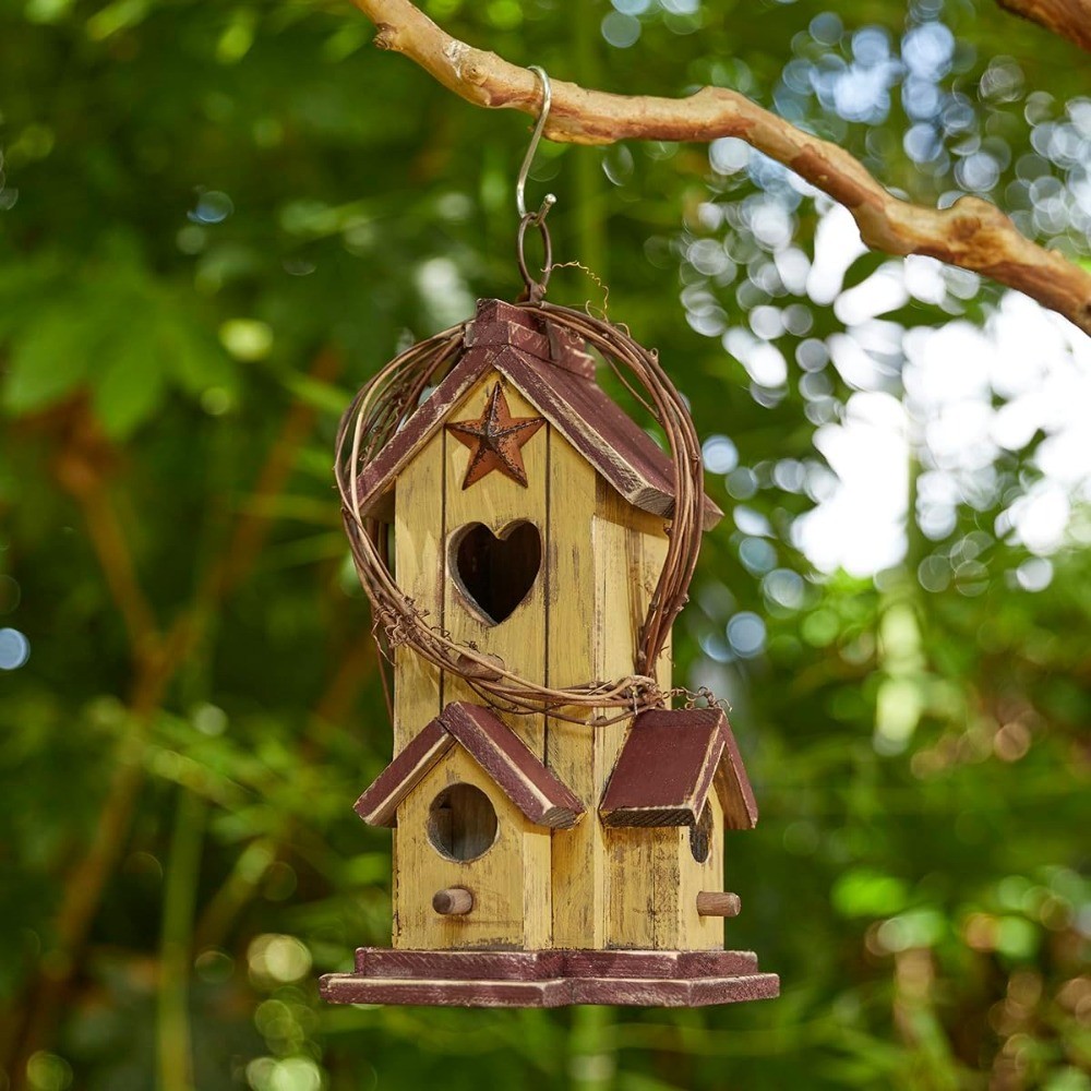 11.5" H Washed Yellow Wooden Birdhouse Hummingbird Nest Box Backyard Decor
