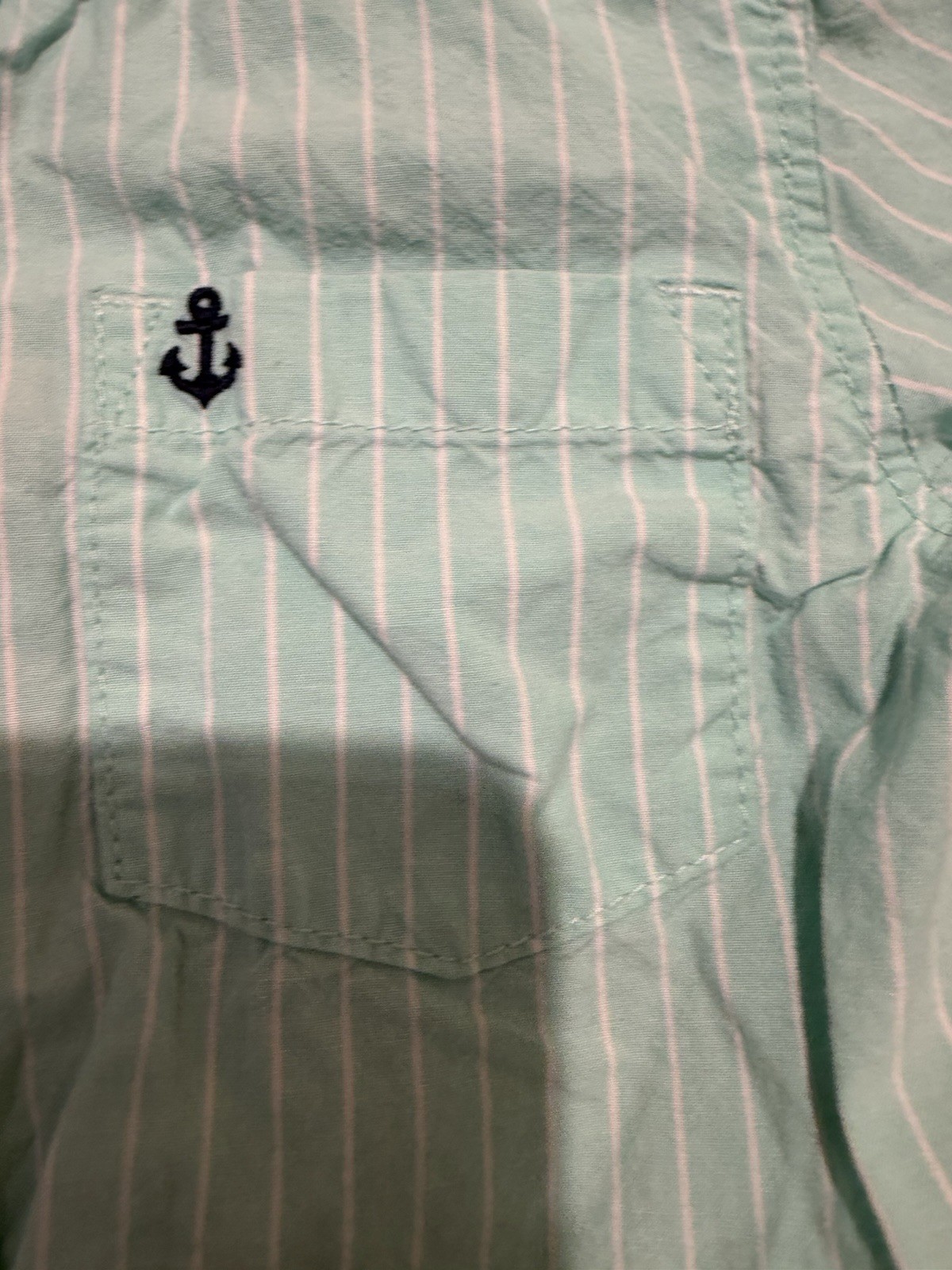 Carters 2T Toddler Green White Stripes Button Up Shirt With Anchor Embroidered