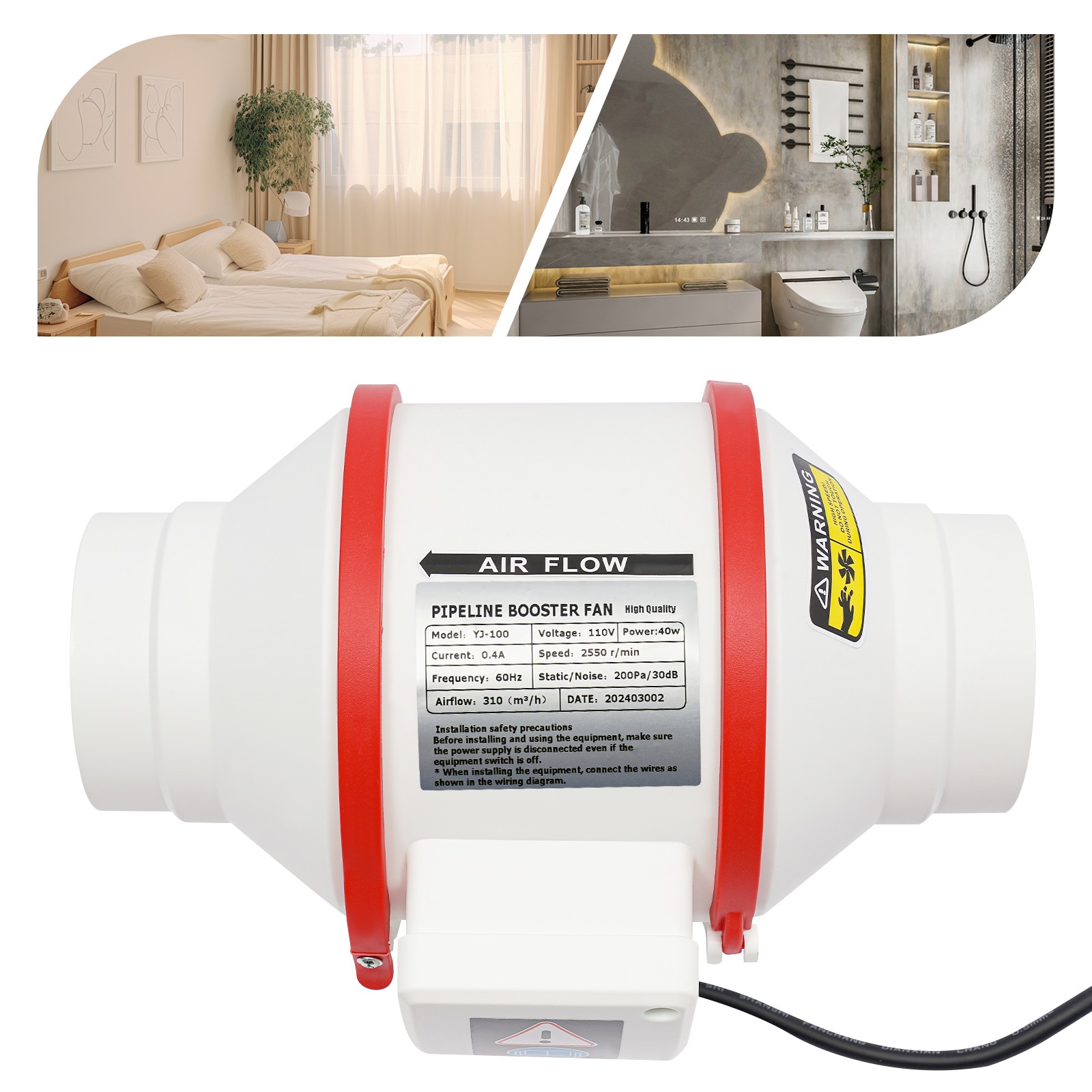 40W Exhaust Gas Pipe Fan Ventilation Fan Pipe Fan w/ Remote 310 m³/h NEW