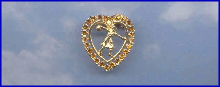 Topaz Bowling Heart Pin Balls Kegler Crystal Ball Heart Made in the USA