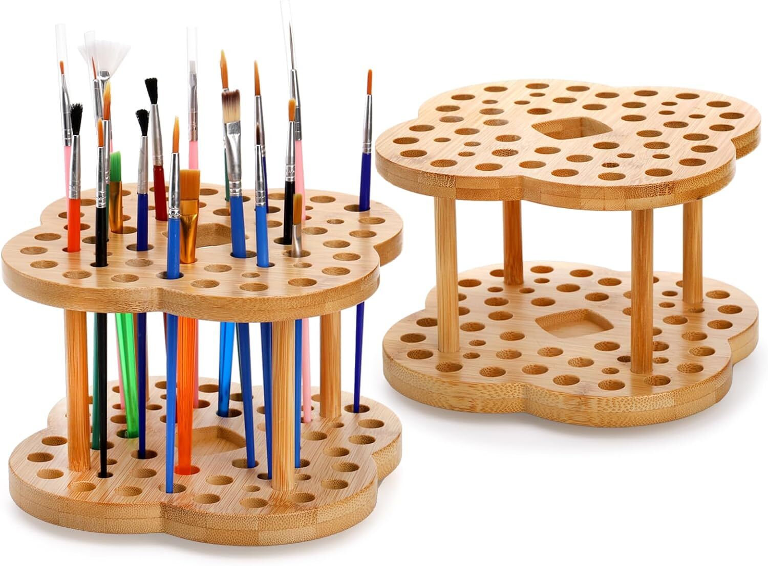 Foraineam 2 Pack Rotating Paint Brush Holder 53 Holes Bamboo Natural Color