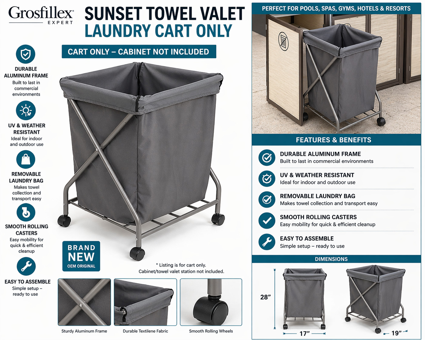 Grosfillex Sunset Towel Valet Laundry Cart Only Gray OEM Replacement New