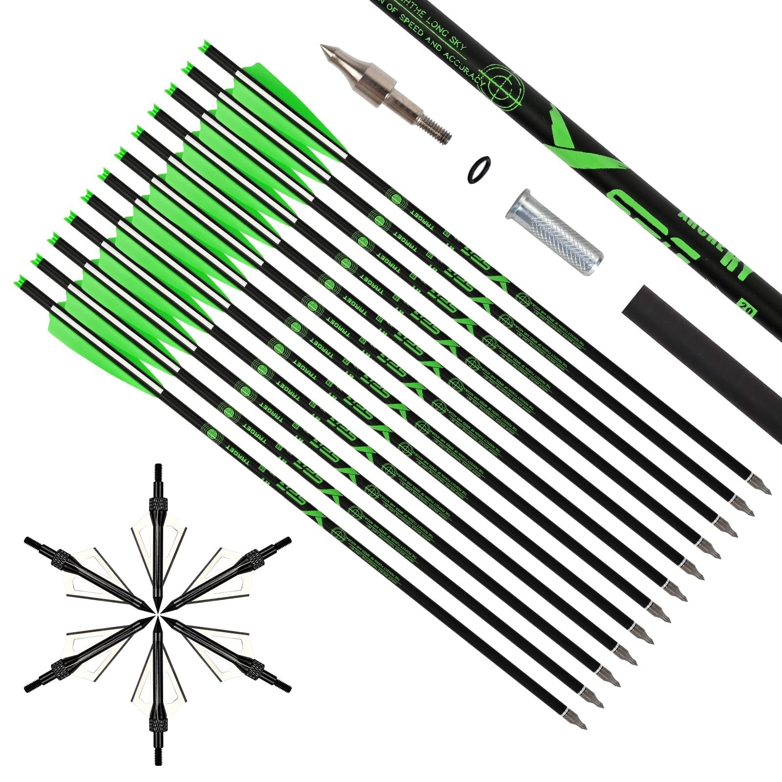Crossbow Bolts 20 Inch 12pcs with 6 Pcs of 3 Blade Hunting Broadheads,Crossbo...
