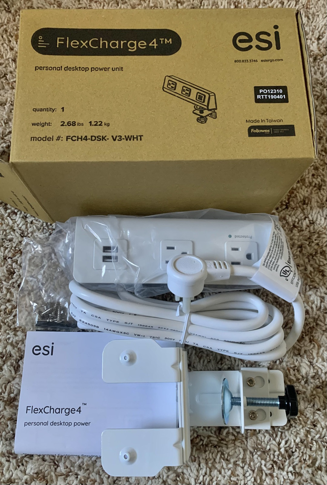 esi FlexCharge 4 FCH4-DSK-WHT Personal Desktop Power Unit with USB
