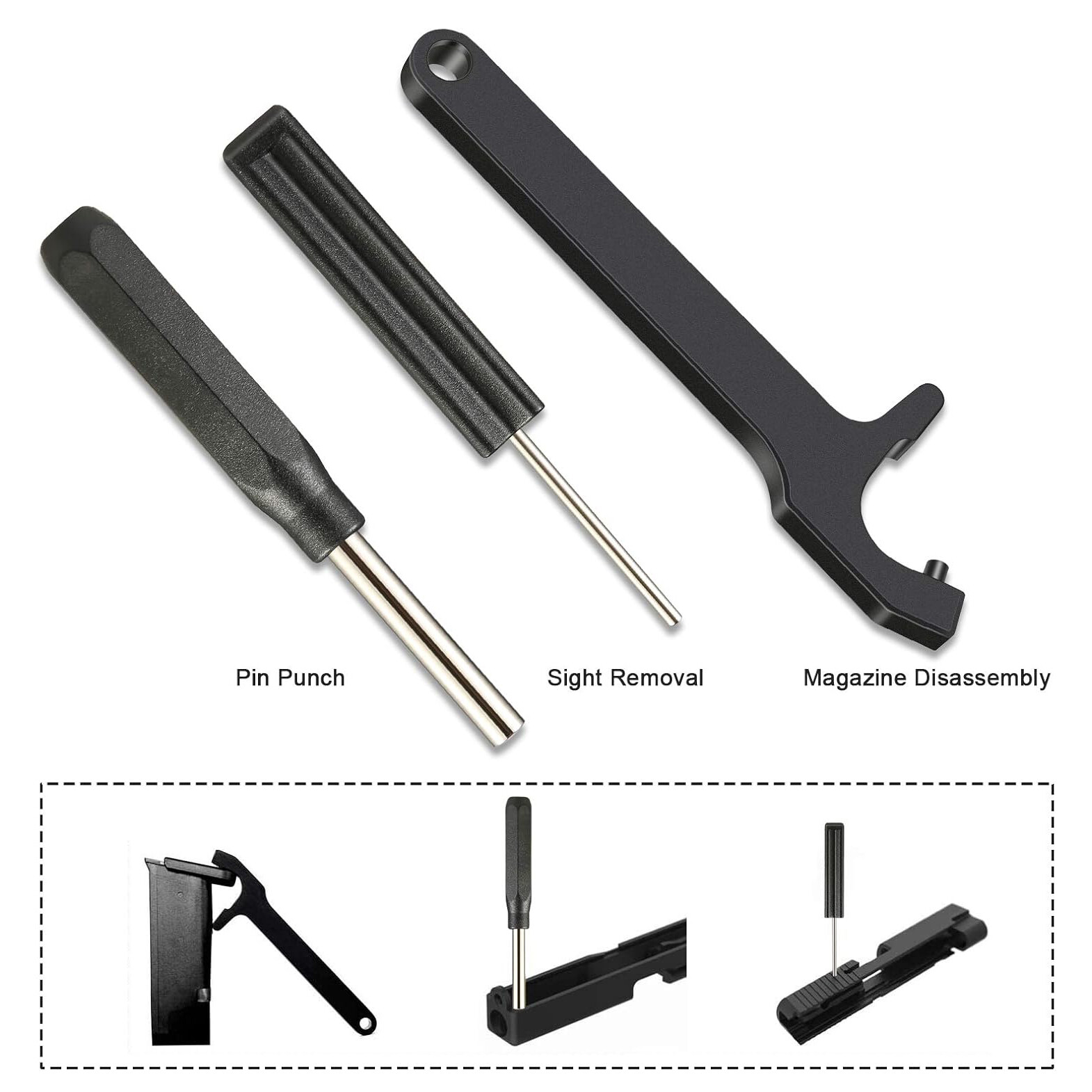 Handgun Front or Rear Sight Pusher Tool with Magazine Disassembly Tool for Glock
