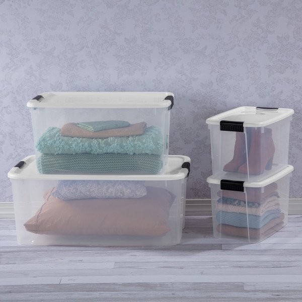 30 Qt Clear Plastic Stackable Storage Bin w/ Latch Lid, White (6 Pack)