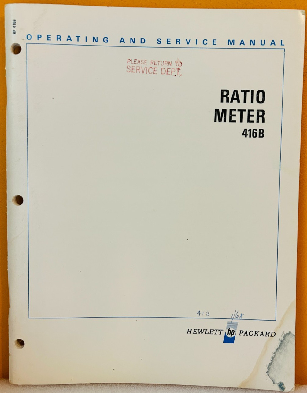 HP 00416-90001 1968 Model 416B Ratio Meter Operating & Service Manual.