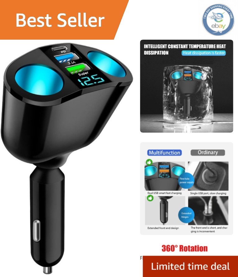 2-Socket Car Cigarette Lighter Splitter with Fast Dual USB & Type-C Charger