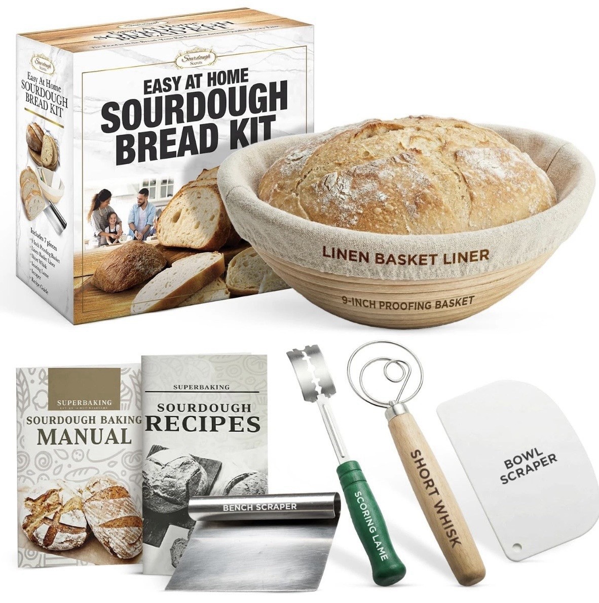 Sourdough Bread Kit – 9" Banneton Proofing Basket, Scoring Lame, Scraper & Whisk