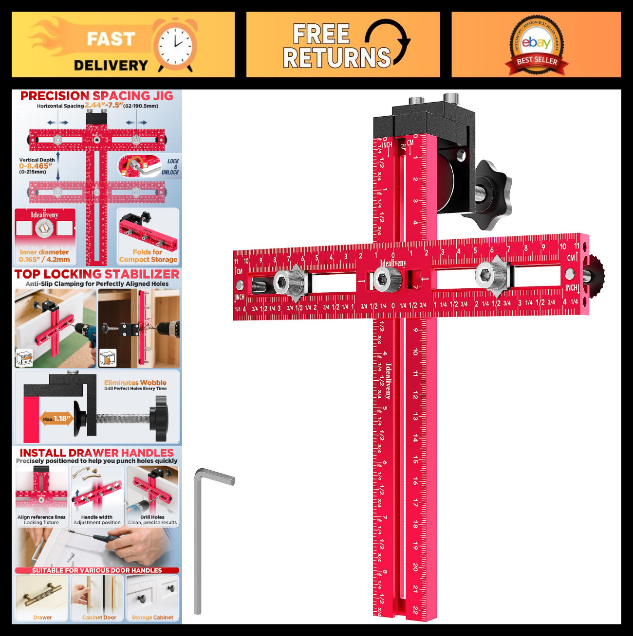 Adjustable Cabinet Hardware Jig - Precision Drill Guide for Knobs & Handles, DIY