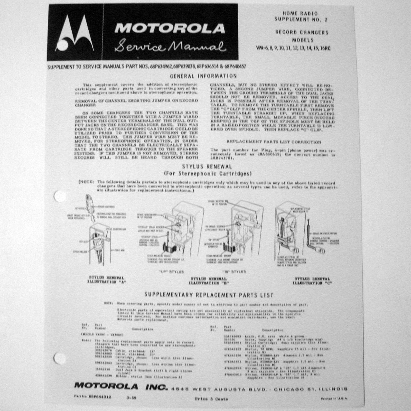 Motorola ® Models VM-6 8 9 10 11 12 13 14 15 Record Changer Service Sheet © 1959