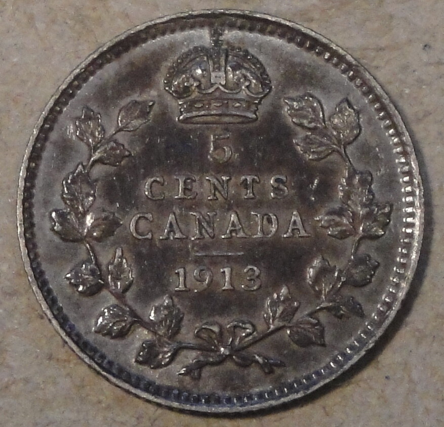 Canada 1913 Five Cent Silver AU as Pictured