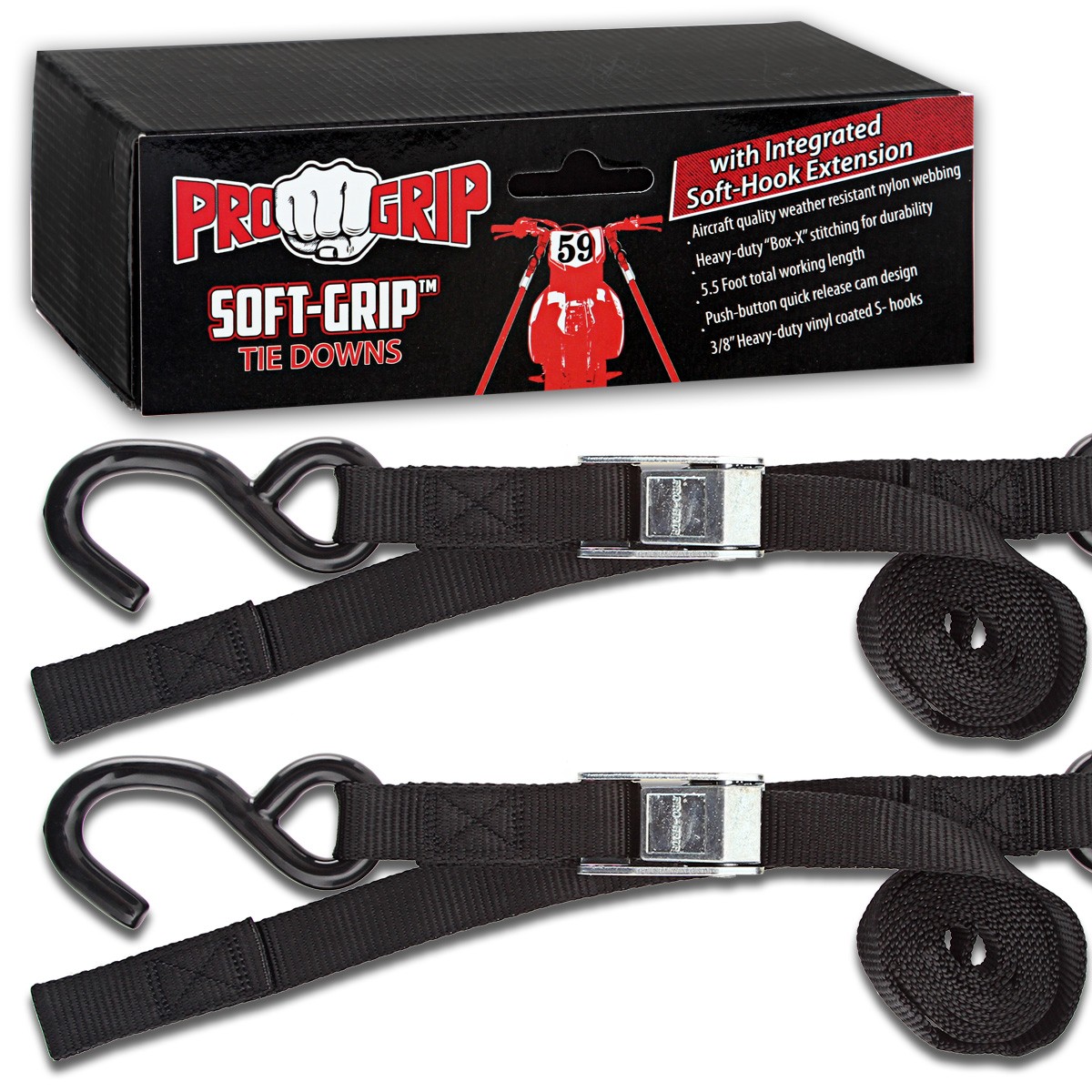 Progrip Powersports Motorcycle Soft Loop Tie Down Straps Lab Tested (2 Pack) Blk