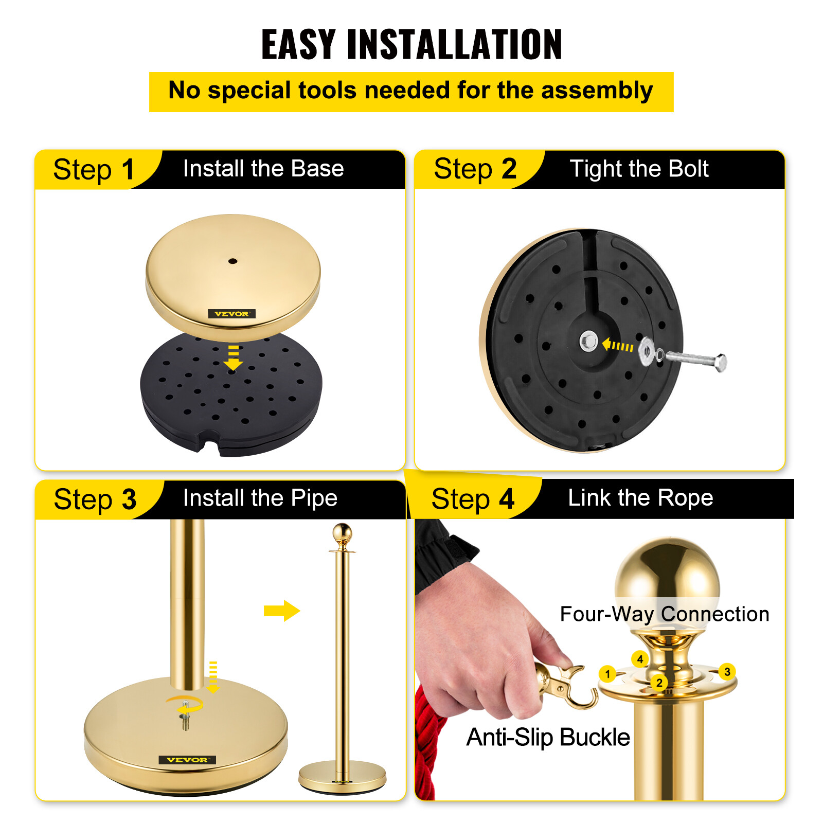 6Pcs Golden Stanchion Posts with 4 Velvet Ropes Crowd Control Queue Pole Barrier