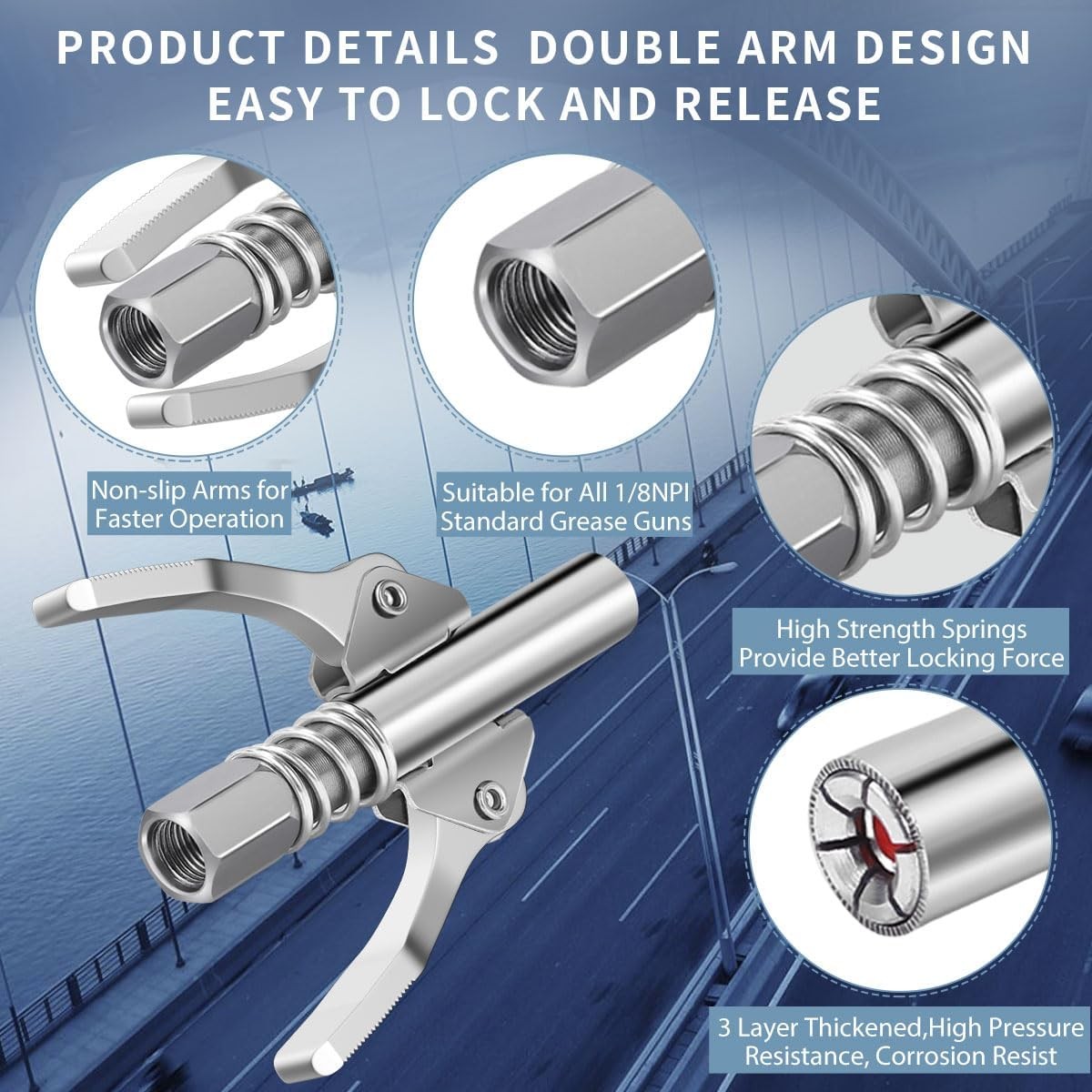 Grease Gun Coupler Double Handle, High Pressure, Quick Release Lock Oil Nozzles