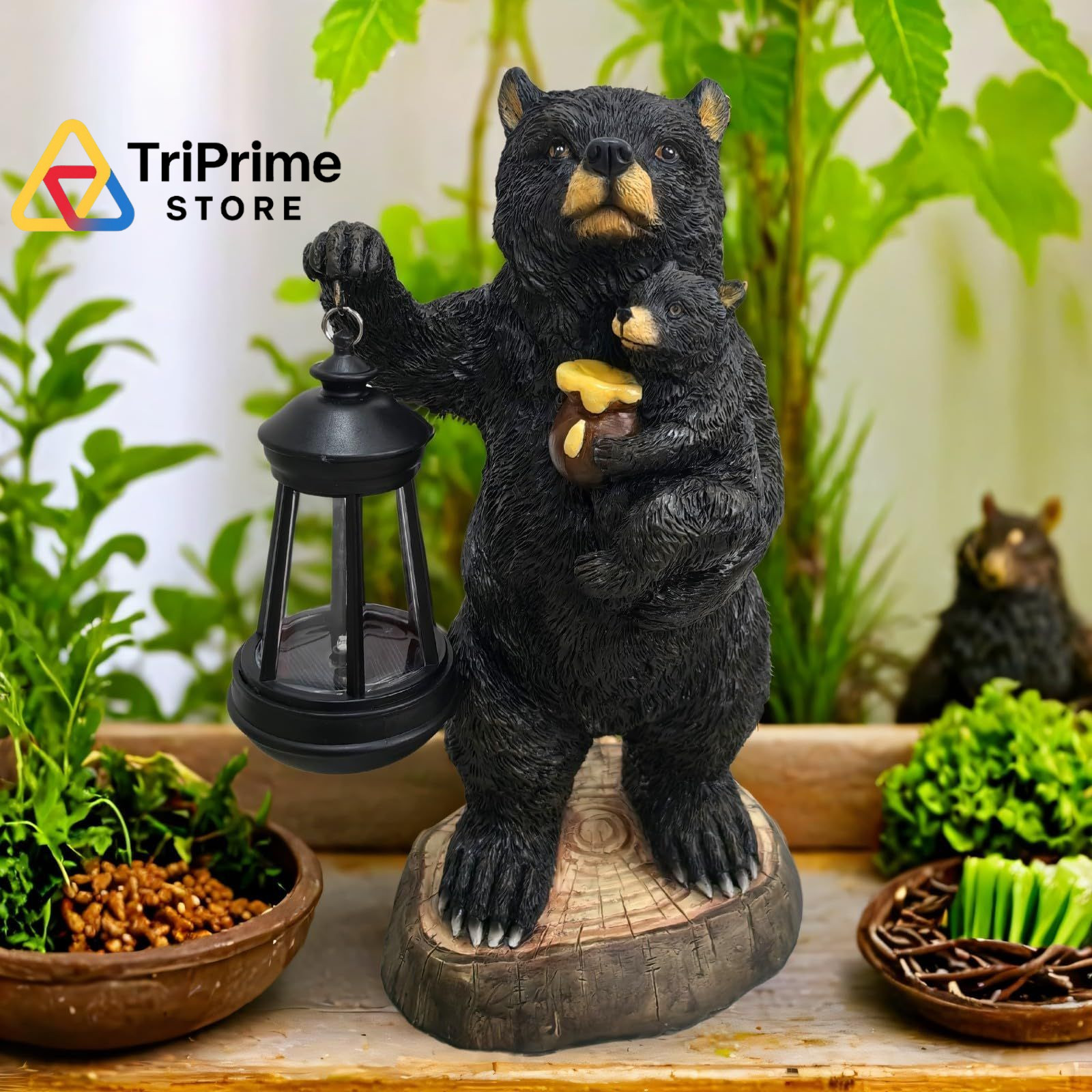Qmaggice Garden Statues Bear with Solar Lantern, Outdoor Figurines Black