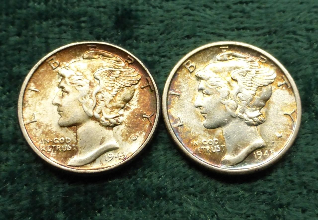 2 Mercury Silver Dimes, 2 United States 10C Coins, Color Tone, 1943, 1945 S