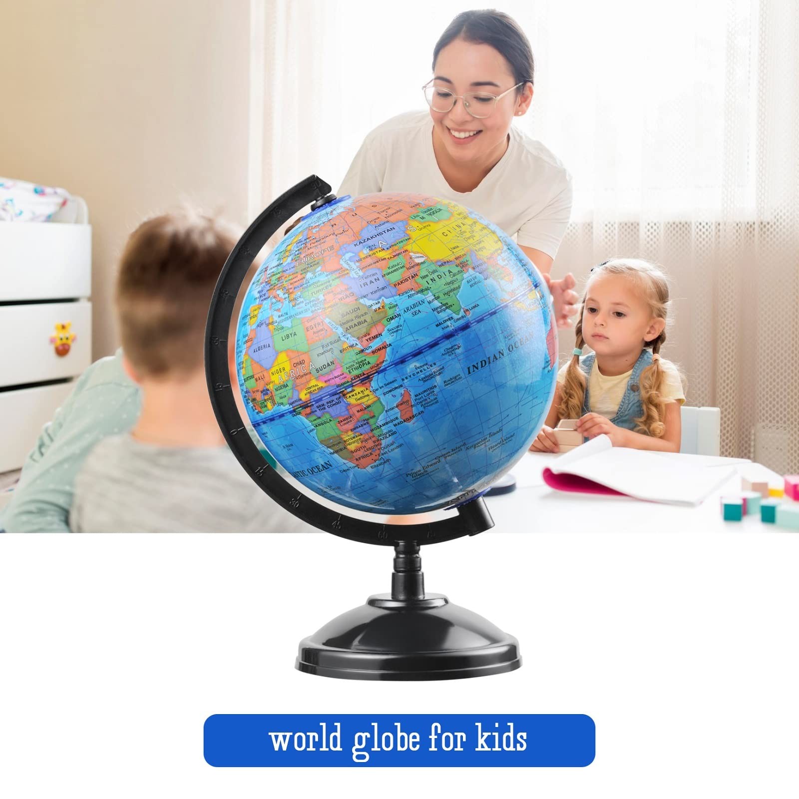 World Globe for Kids Learning - 6 inch Interactive Earth Globe with Stand for...