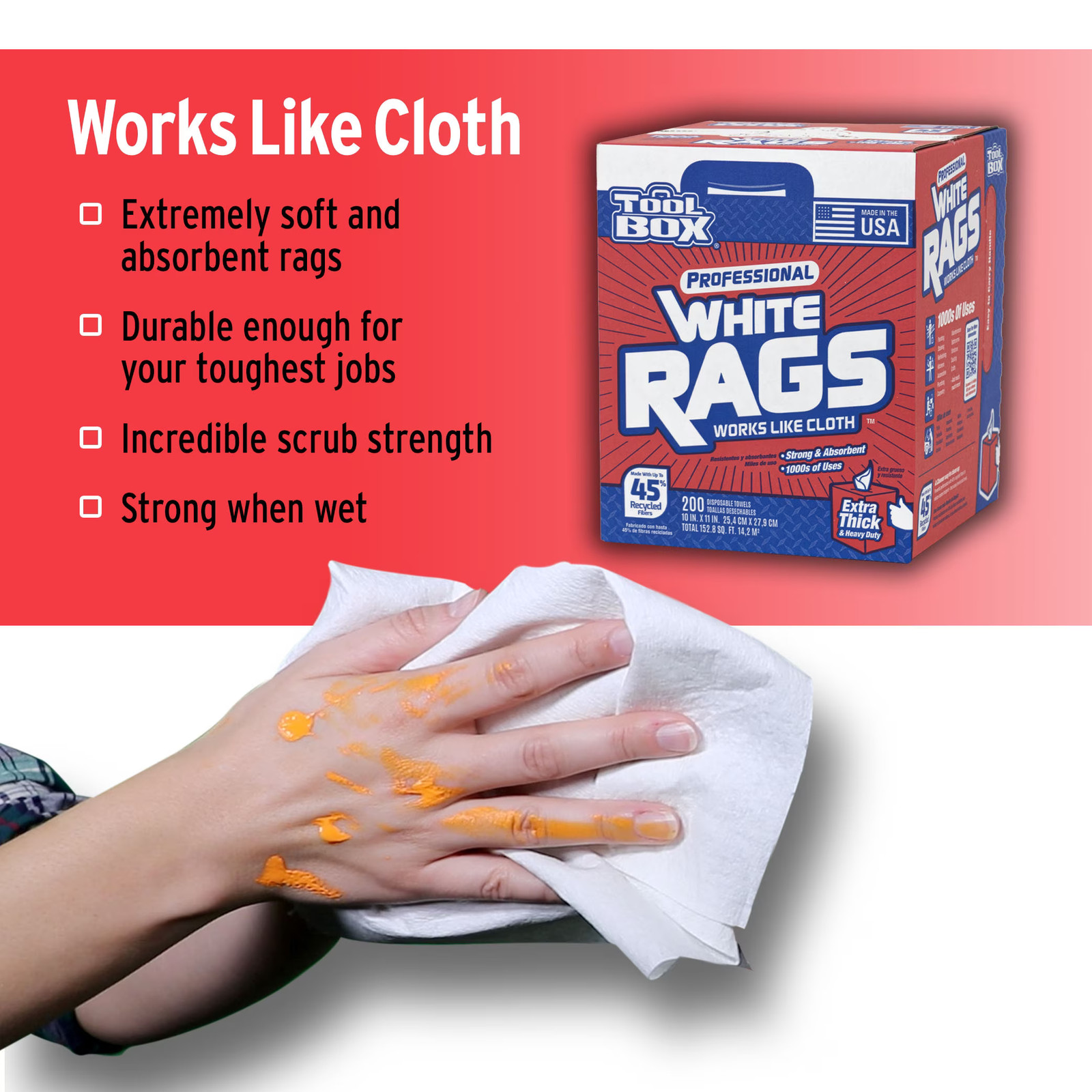 TOOLBOX Professional White Rags (200 Sheets; 10" x 11" Sheet Size; Disposable