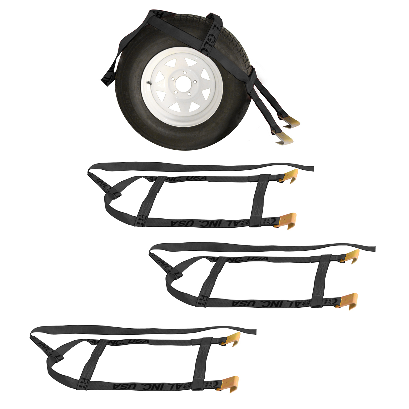 Demco Tow Dolly Basket Straps 2" Flat Hooks 3335 lb WLL 15-20" Wheels 4 Pack