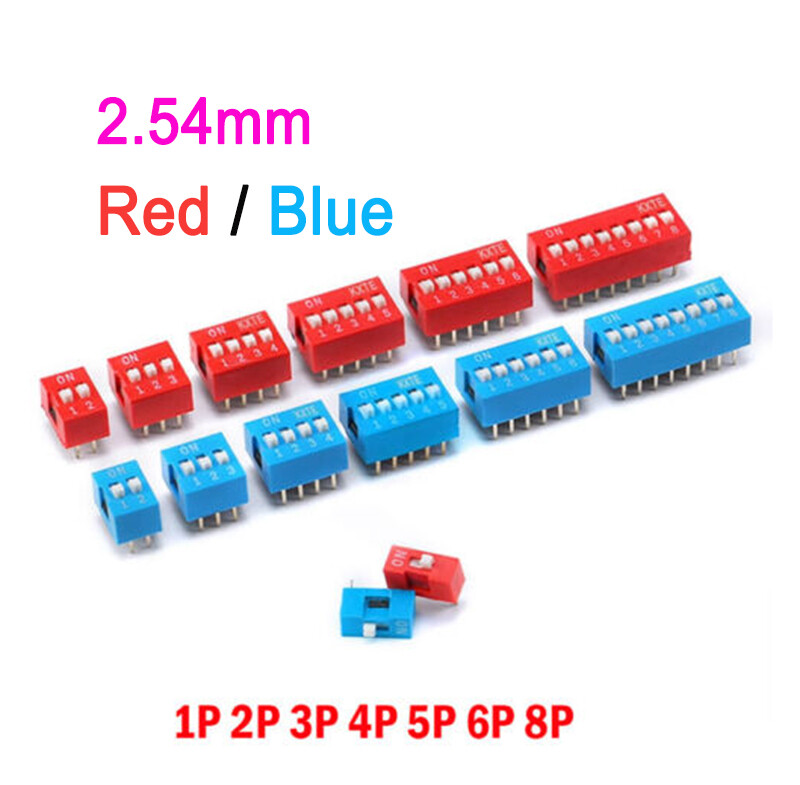 DIP Switch - 2.54mm Pitch - Red & Blue 1/2/3/4/5/6/8 Position PCB mounting