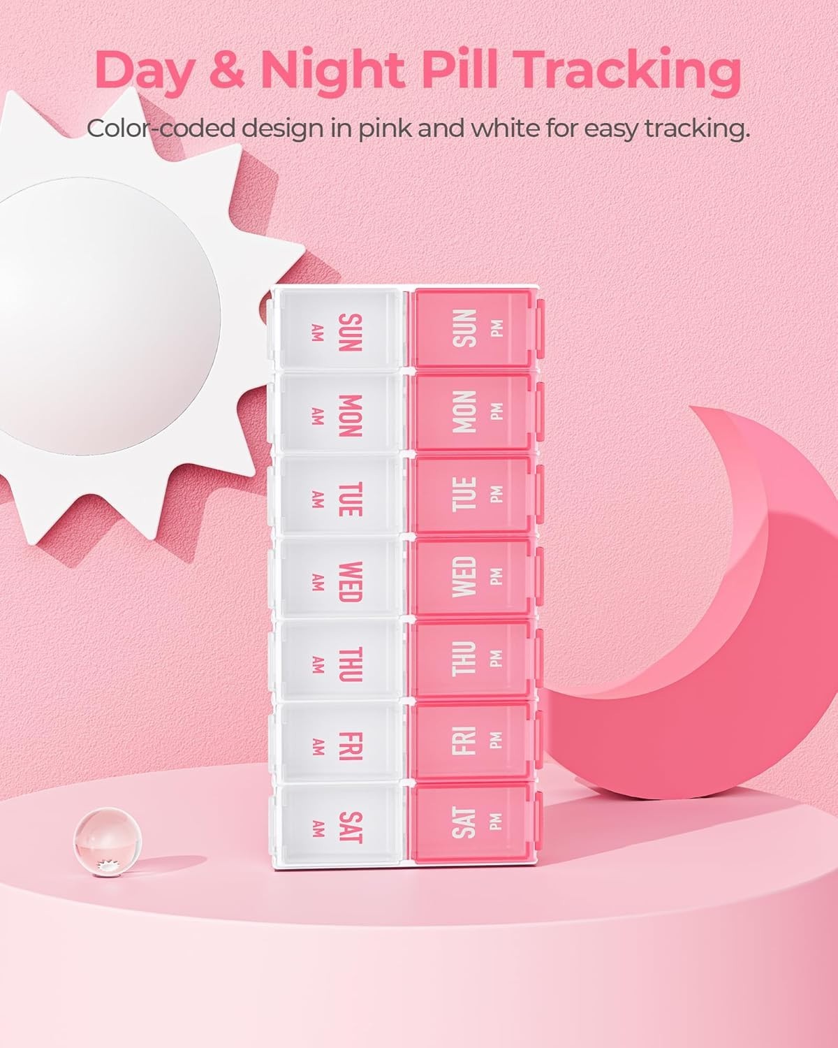 Weekly Pill Organizer 2 Times a Day, Stylish Pill Box 7 Day AM PM with Large Com