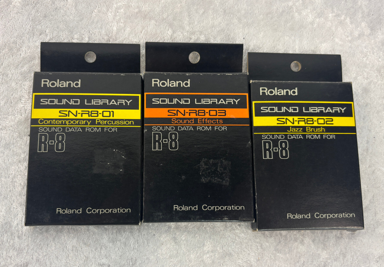 Lot of 3 Roland Sound Library R-8 Sound Data Rom Cartridges SN-R8-01 SN-R8-02 SN