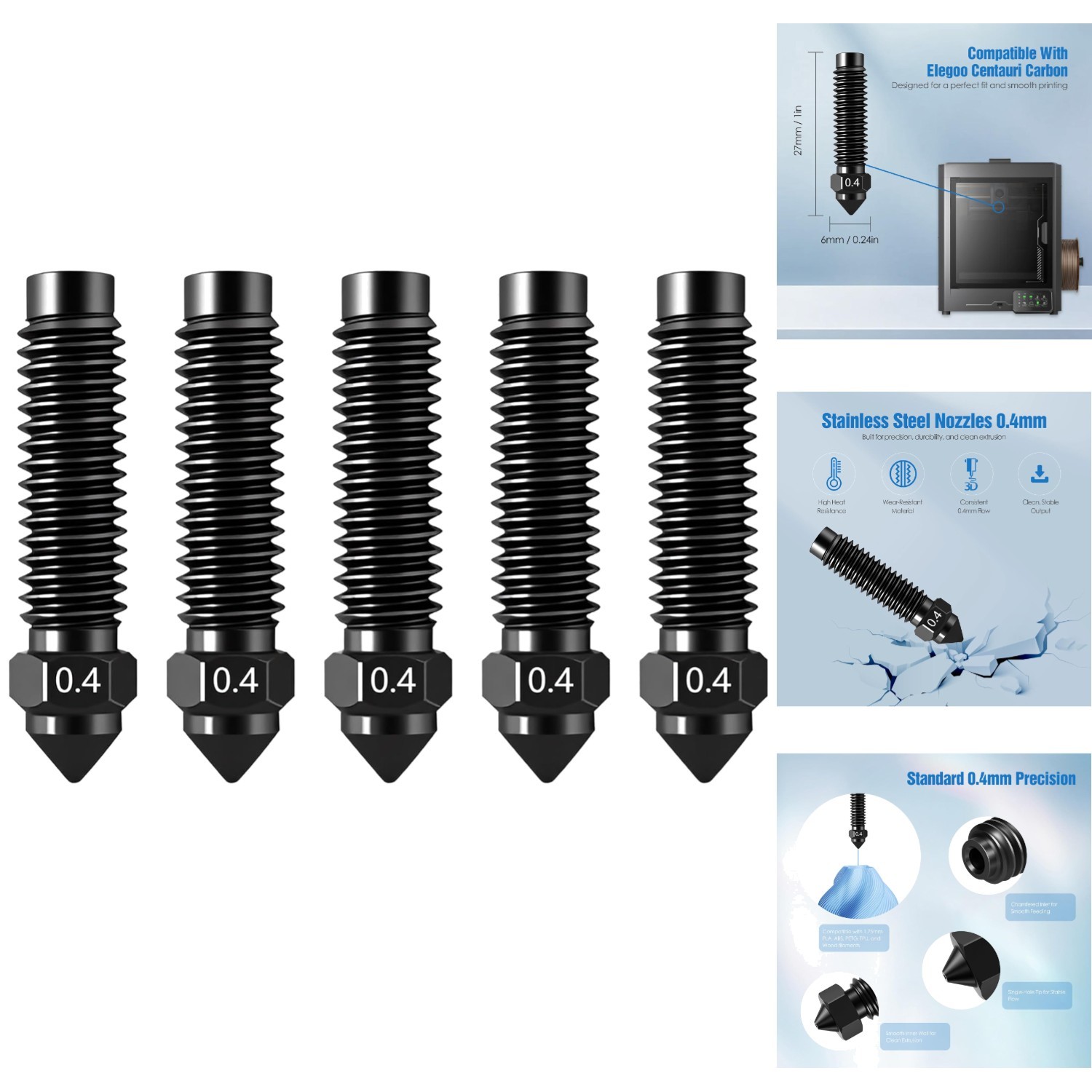 5PK 0.4mm Hardened Steel 3D Printer Nozzles High-Temp Wear-Resistant Extruder