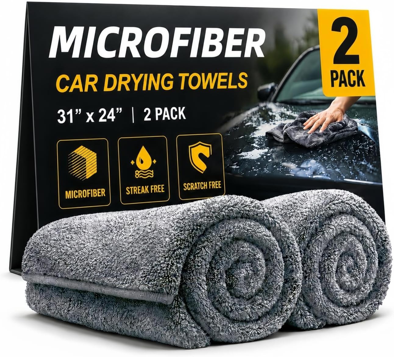 2 Pack Professional Large Microfiber Car Drying Towels (31" x 24"), Scratch Free