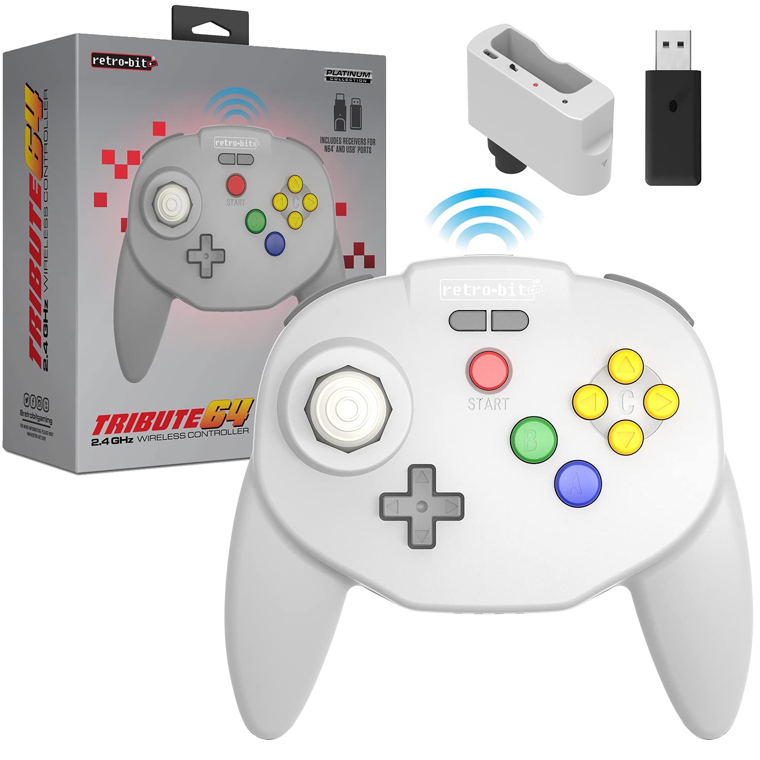 Retro-Bit Tribute 64 Wireless Controller for Nintendo 64, Switch, PC - Gray
