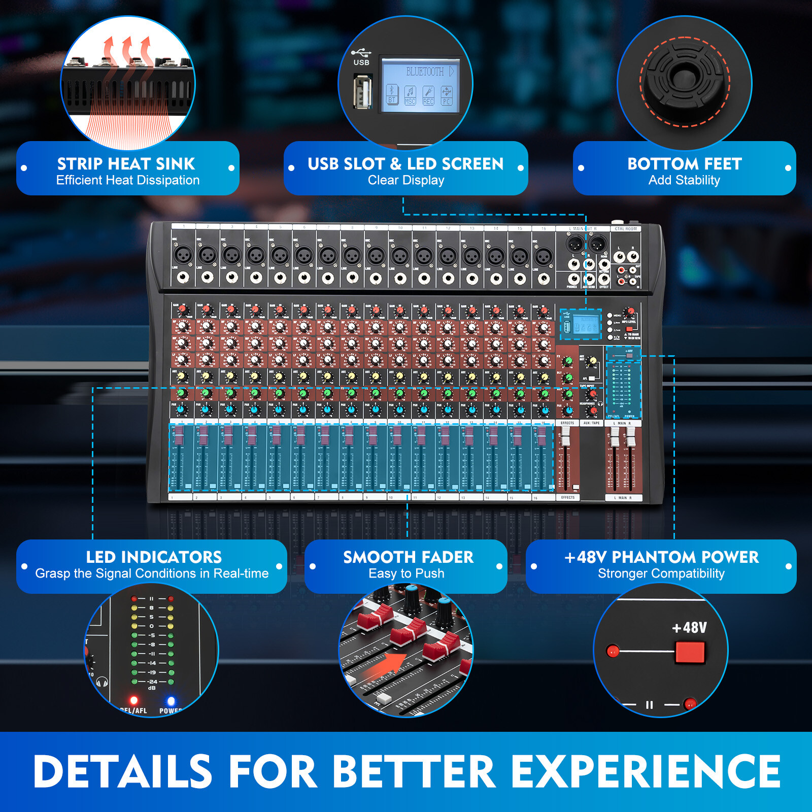 16 Channel Studio Audio Mixer Bluetooth USB Digital Sound Mixing Console Board