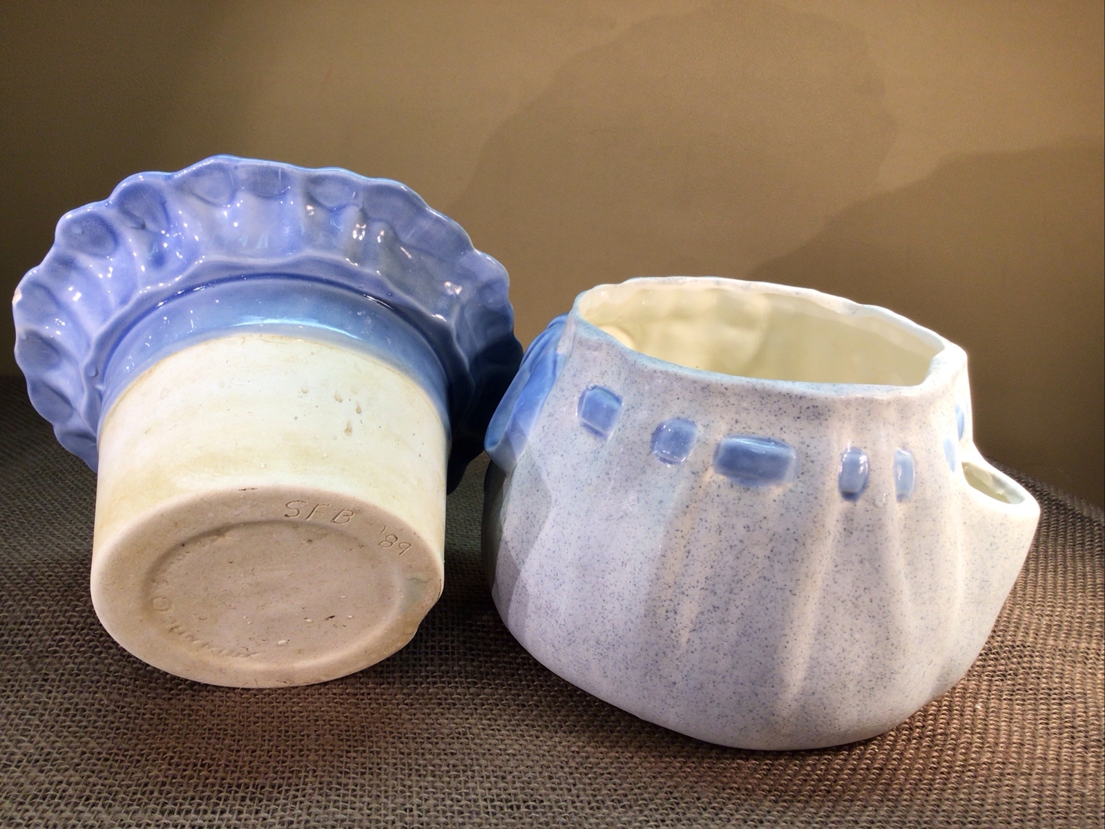 Vtg. Self Watering Double Planter Handmade Ceramic Porcelain, Dated 1989 Signed