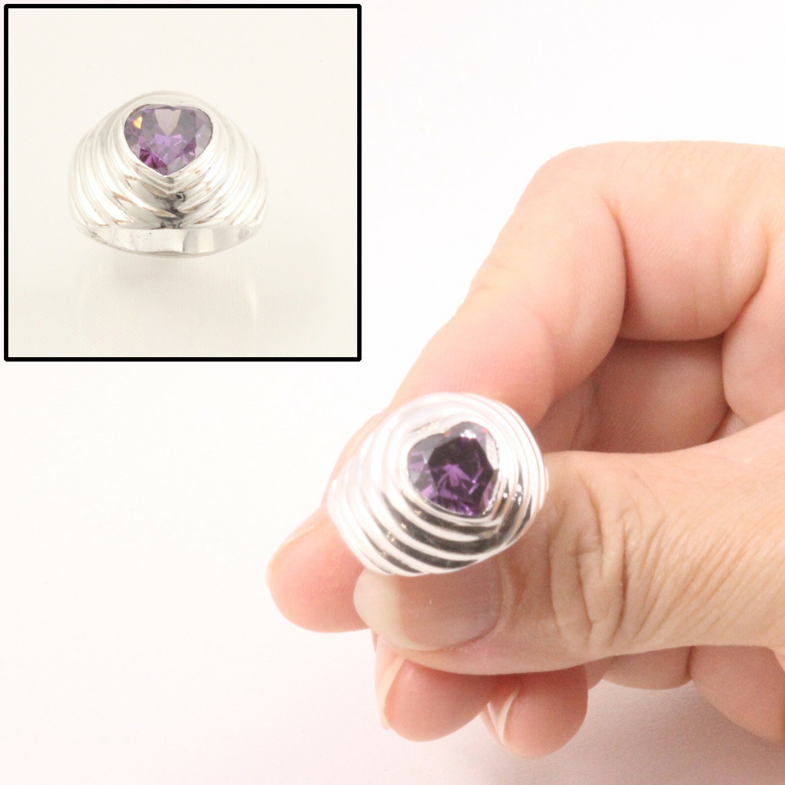 Sterling Silver Amethyst CZ Solitaire Ring (Heart Cut)